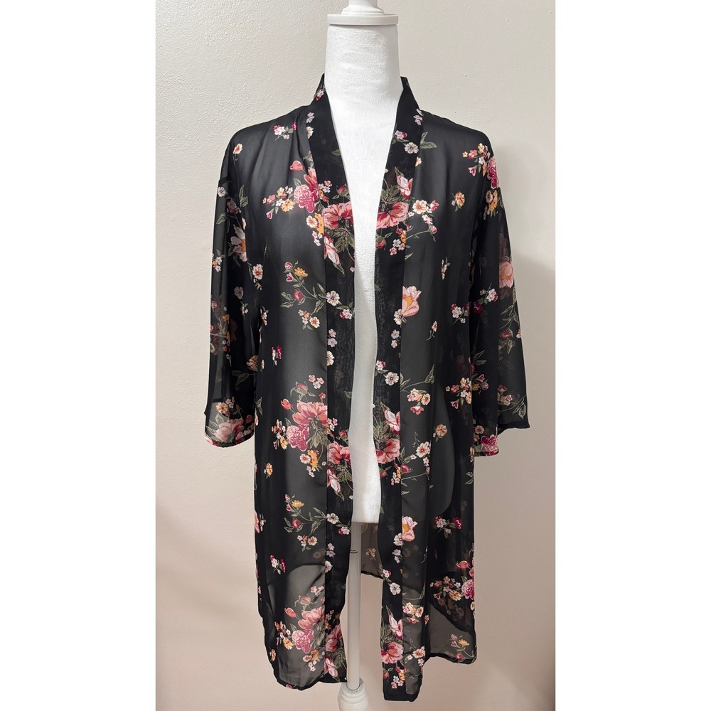 WallFlower Kimono Cardigan Cover Up Womens S Black Sheer Chiffon Festival Boho